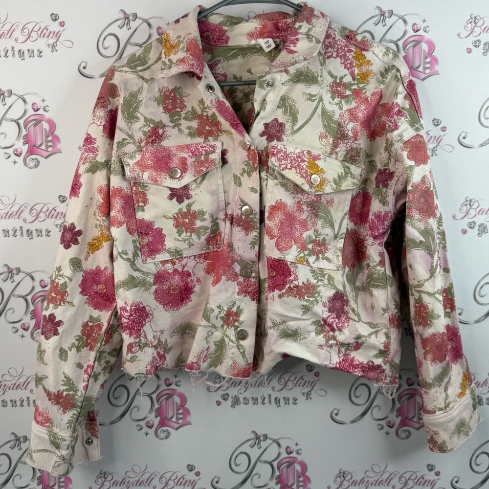Tribal jeans jacket coat blazer button up flowers bright Pink Green Floral luxe
